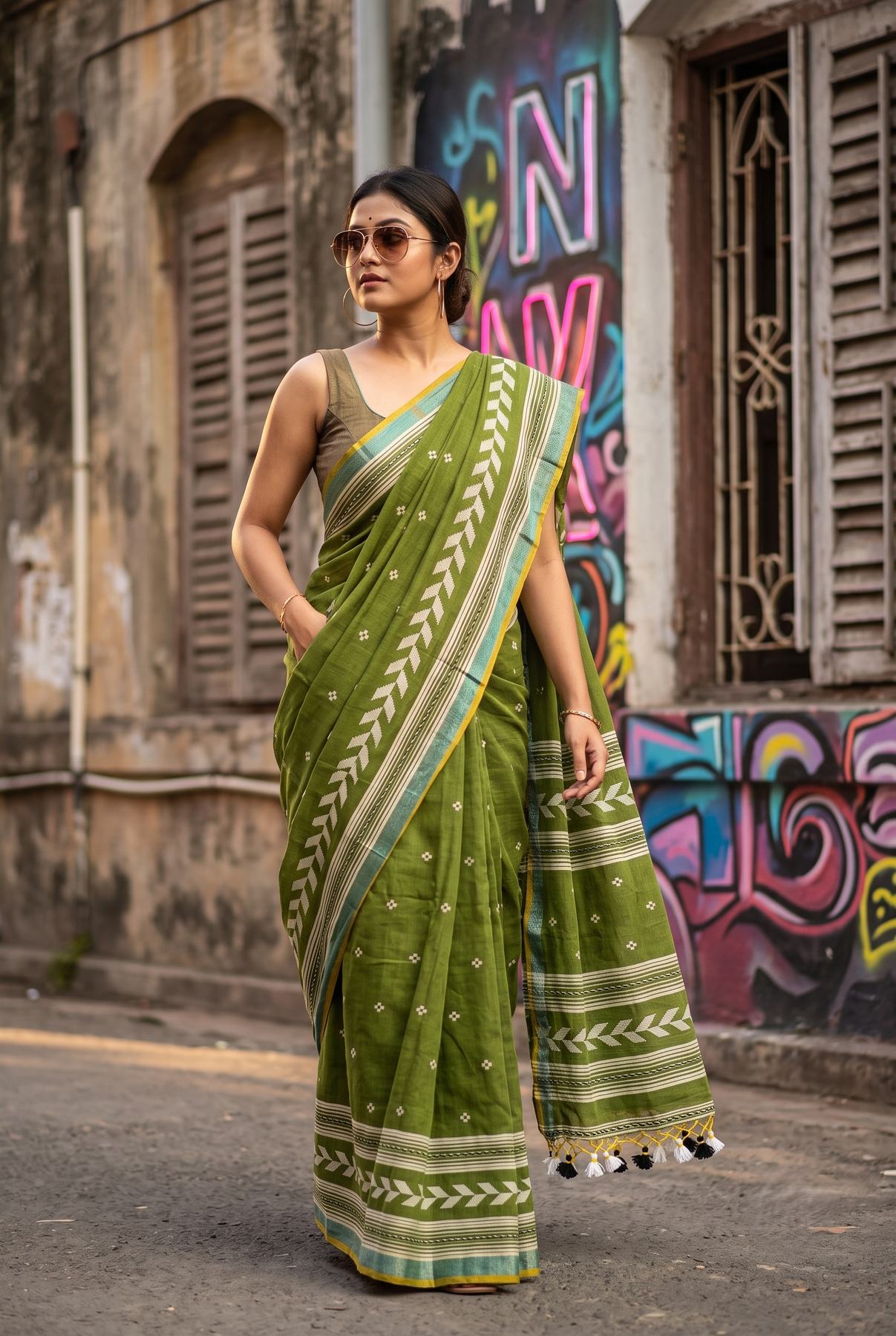 Tirlata green power loom cotton saree draped on a model, showing the arrow buti pallu and border