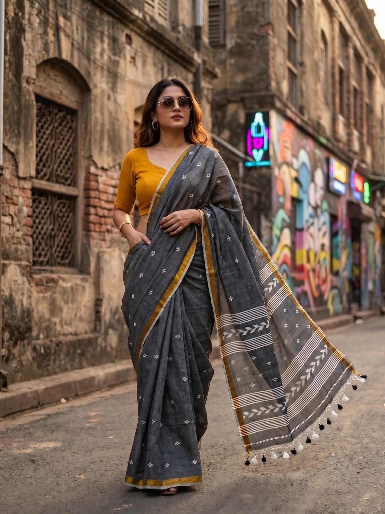 Tirlata grey power loom cotton saree draped on a model, arrow buti pallu and border