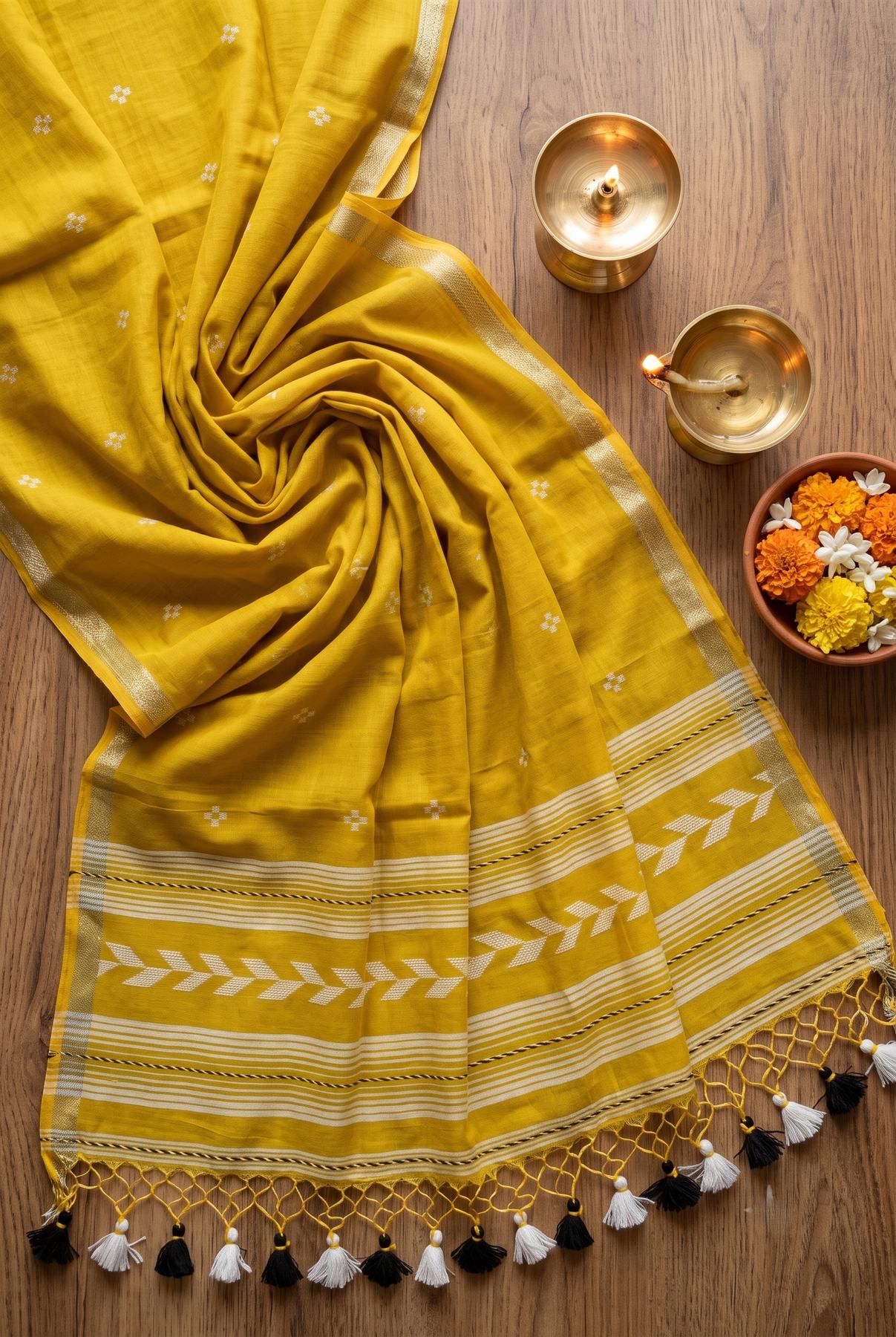 Tirlata mustard cotton saree flat lay with golden border and arrow buti pallu
