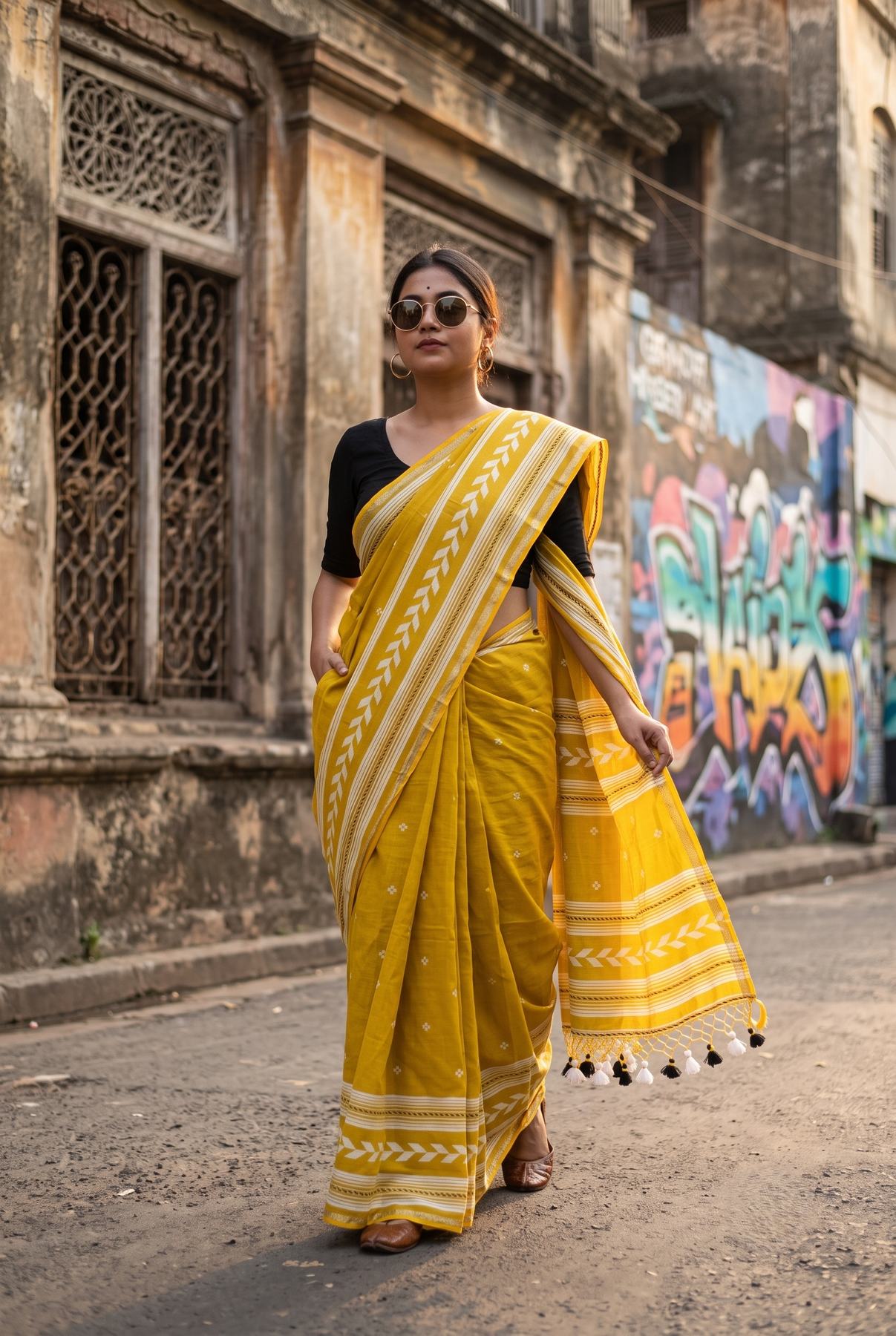 Tirlata mustard yellow power loom cotton saree draped on a model, arrow buti border and pallu
