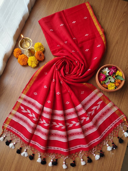 Tirlata red cotton saree flat lay showing the all-over flower butti and arrow buti border