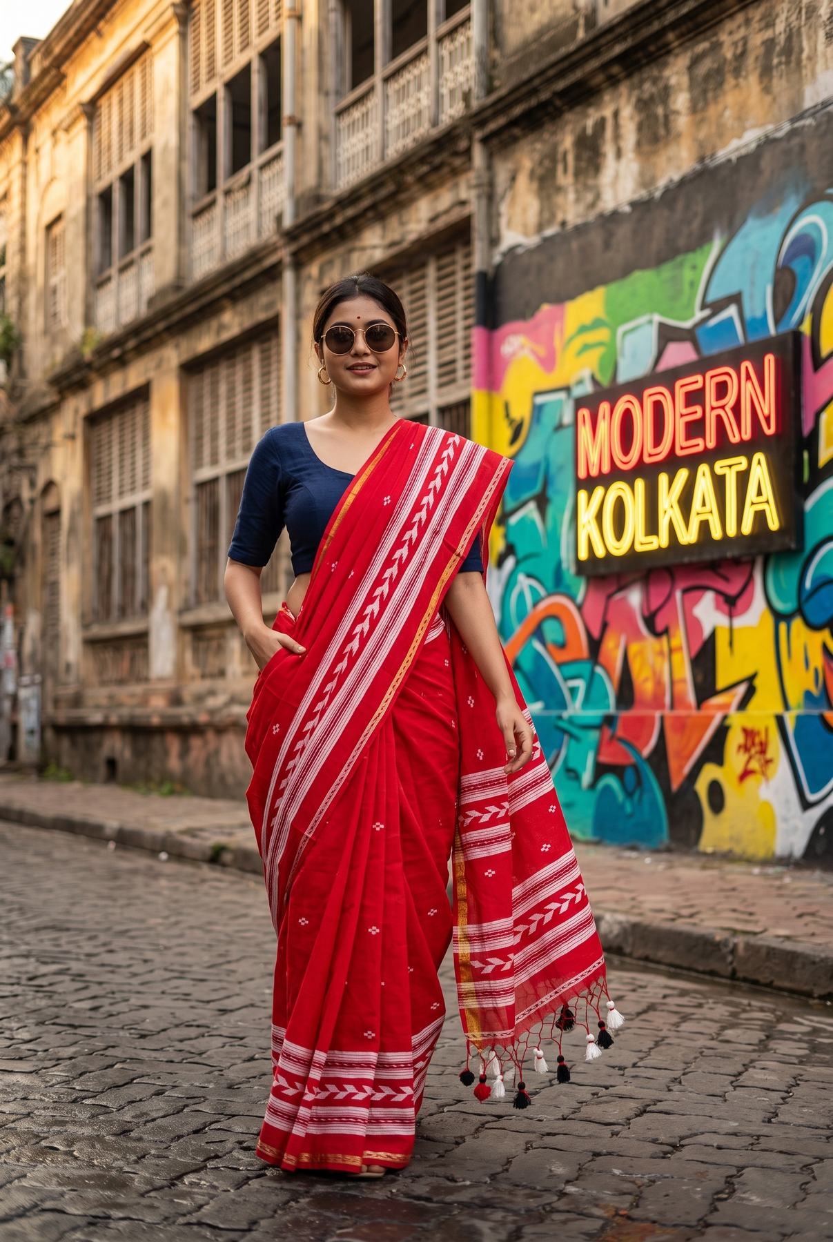 Tirlata red power loom cotton saree draped on a model, showing the arrow buti pallu and border
