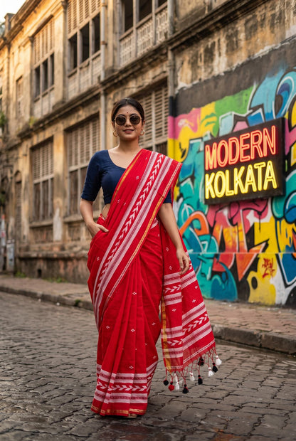 Tirlata red power loom cotton saree draped on a model, showing the arrow buti pallu and border