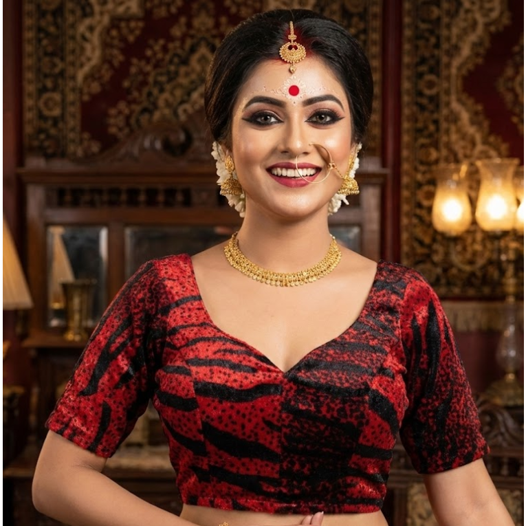 Red Velvet Tiger Stripe Sweetheart Neck Blouse – Padded & Short Sleeves