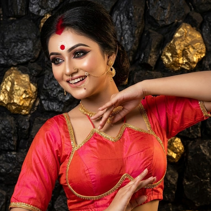 Masaba Style Strawberry Pink Silk Blouse with Gold Foil Print – Padded