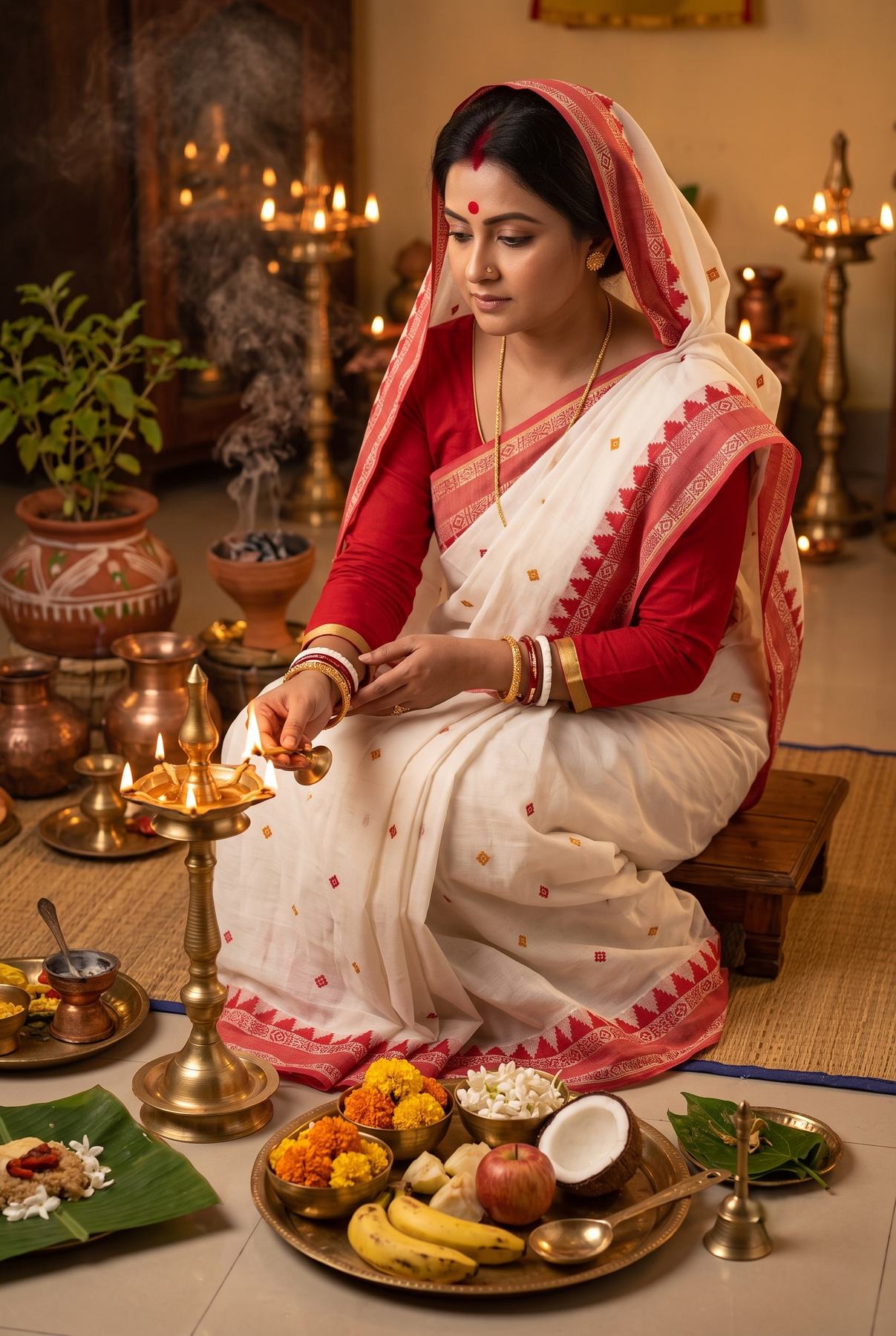 Woman performing puja rituals with a diya, draped in the Ushoshi off-white handwoven cotton saree with red temple border and red blouse