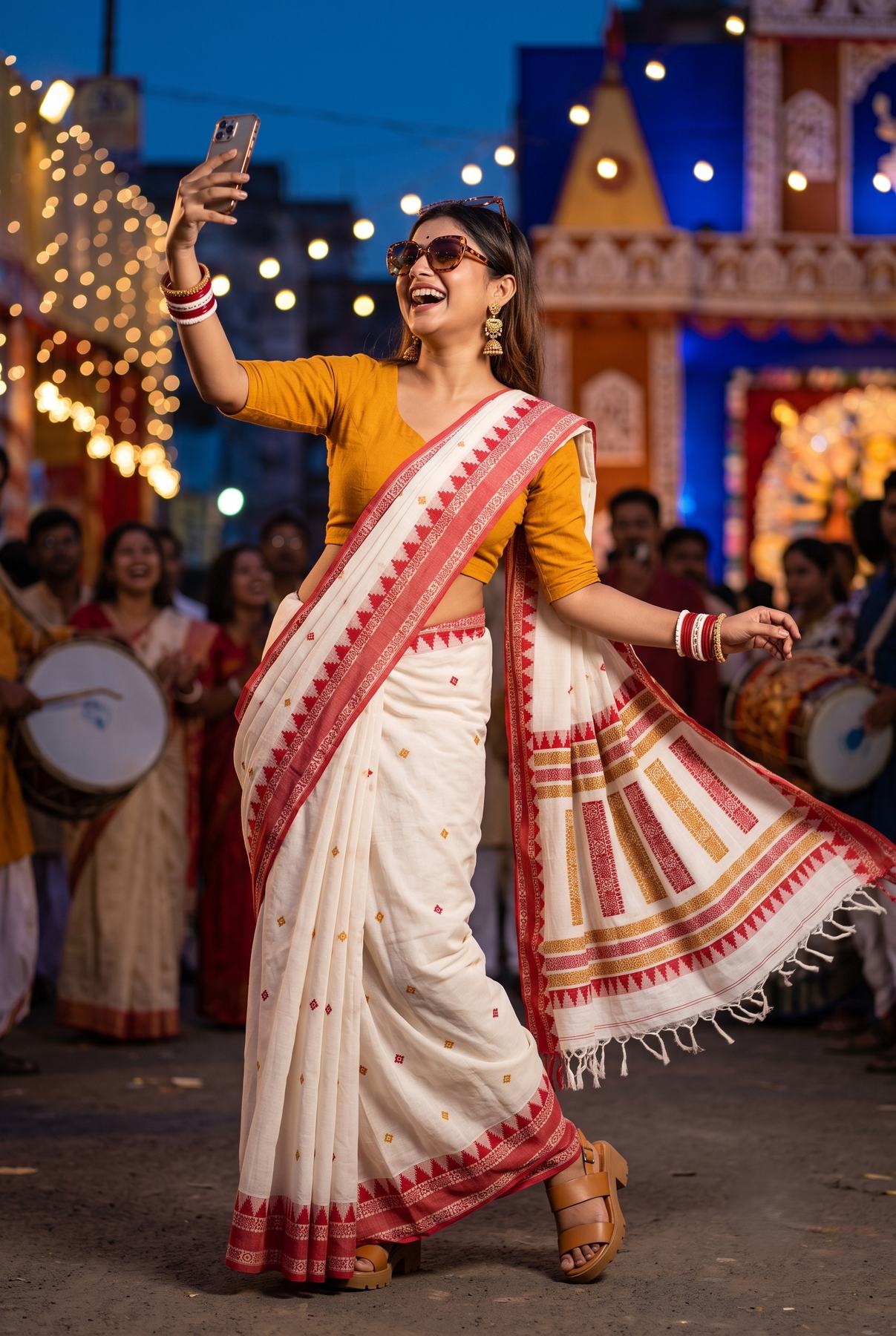 Woman dancing at a Durga Puja street pandal wearing the Ushoshi off-white handwoven cotton tant saree with red temple border, paired with a mustard blouse