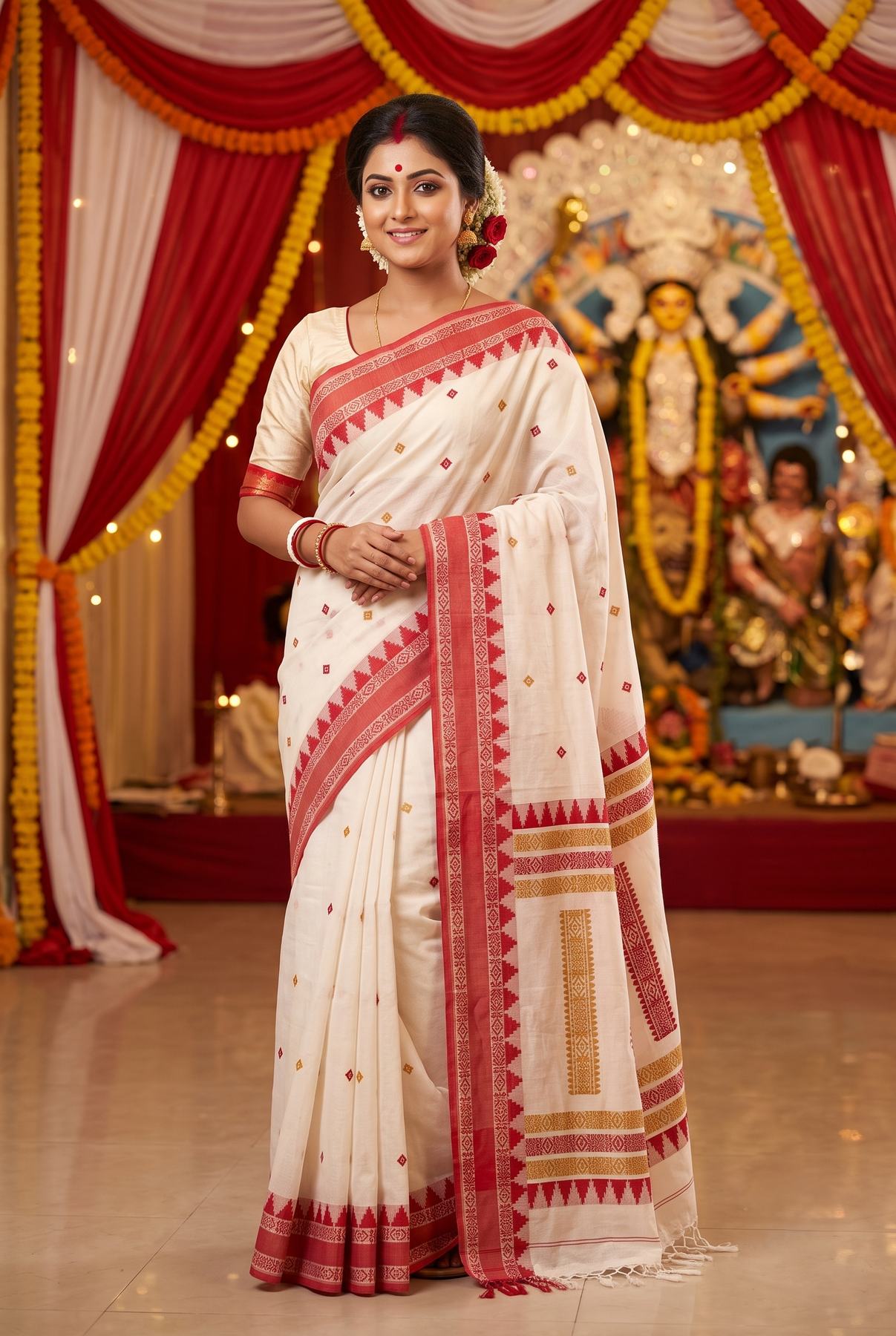 Full-length drape of the Ushoshi off-white handwoven cotton tant saree with red temple border and buti motifs, styled at a Durga Puja pandal
