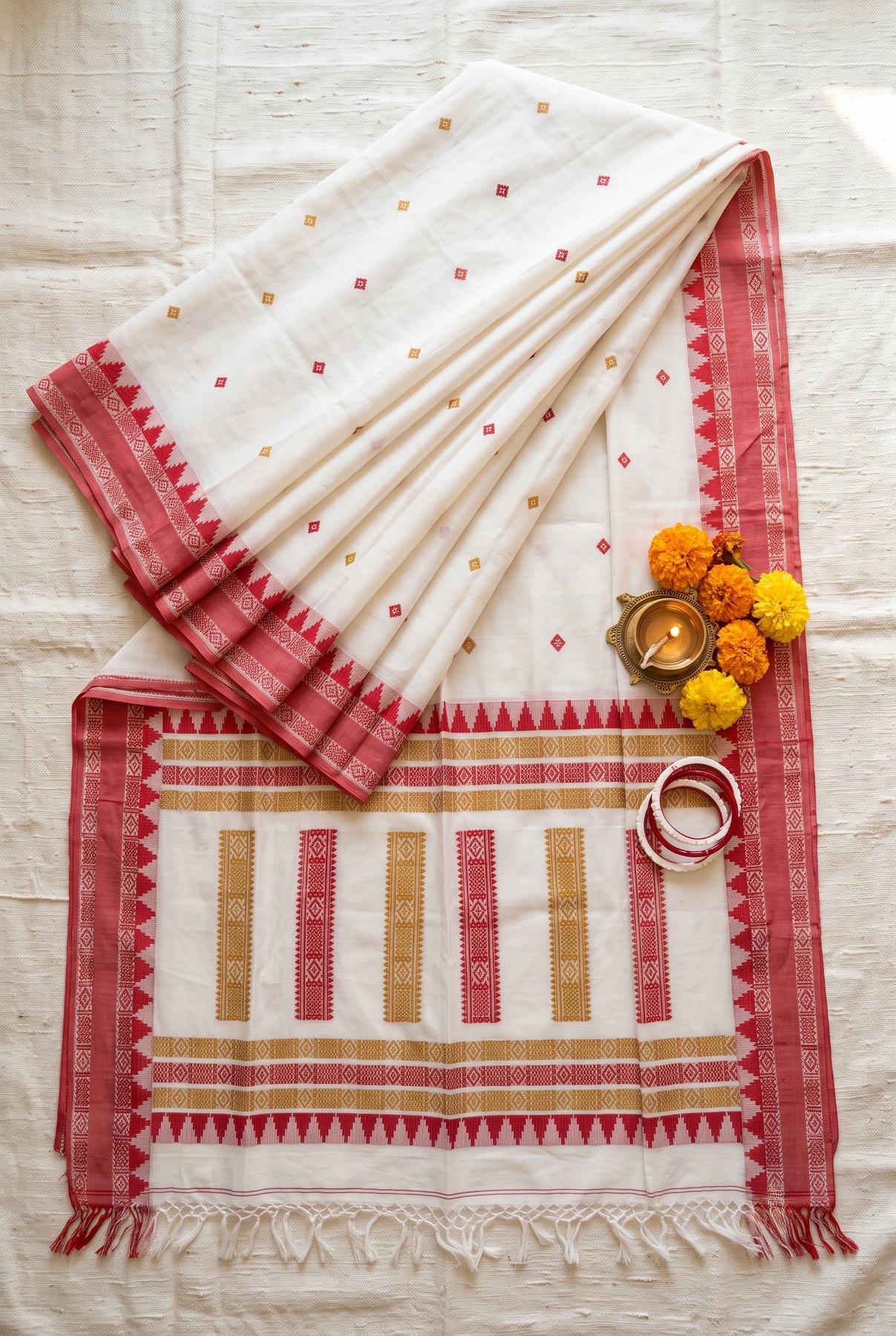 Ushoshi off-white handwoven cotton tant saree folded flat and styled with a diya and marigold flowers, showing the red temple border and pallu
