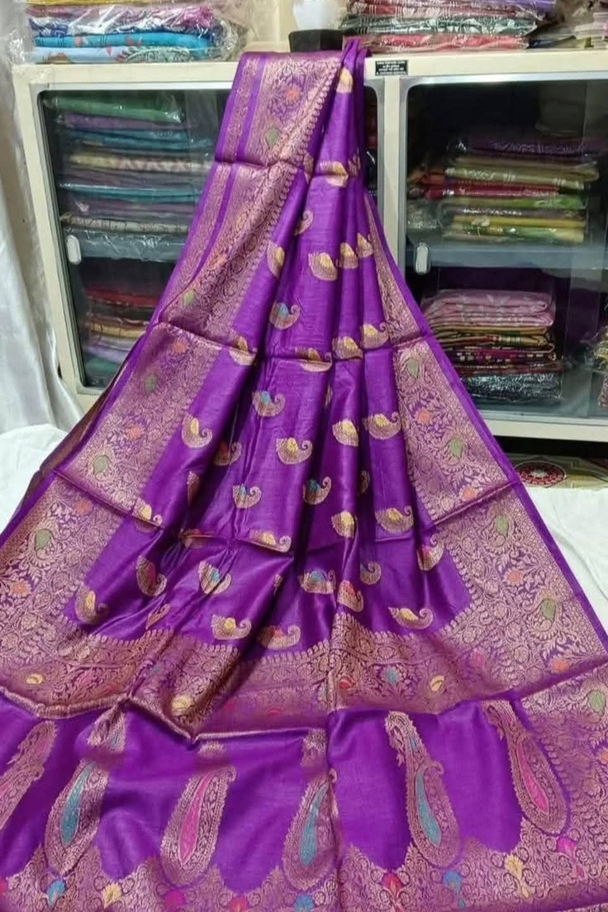 Banarasi Pure Tussar Munga Silk Saree With Zari Buti Weave in Violet Purple with blouse piece - Bong Trendz