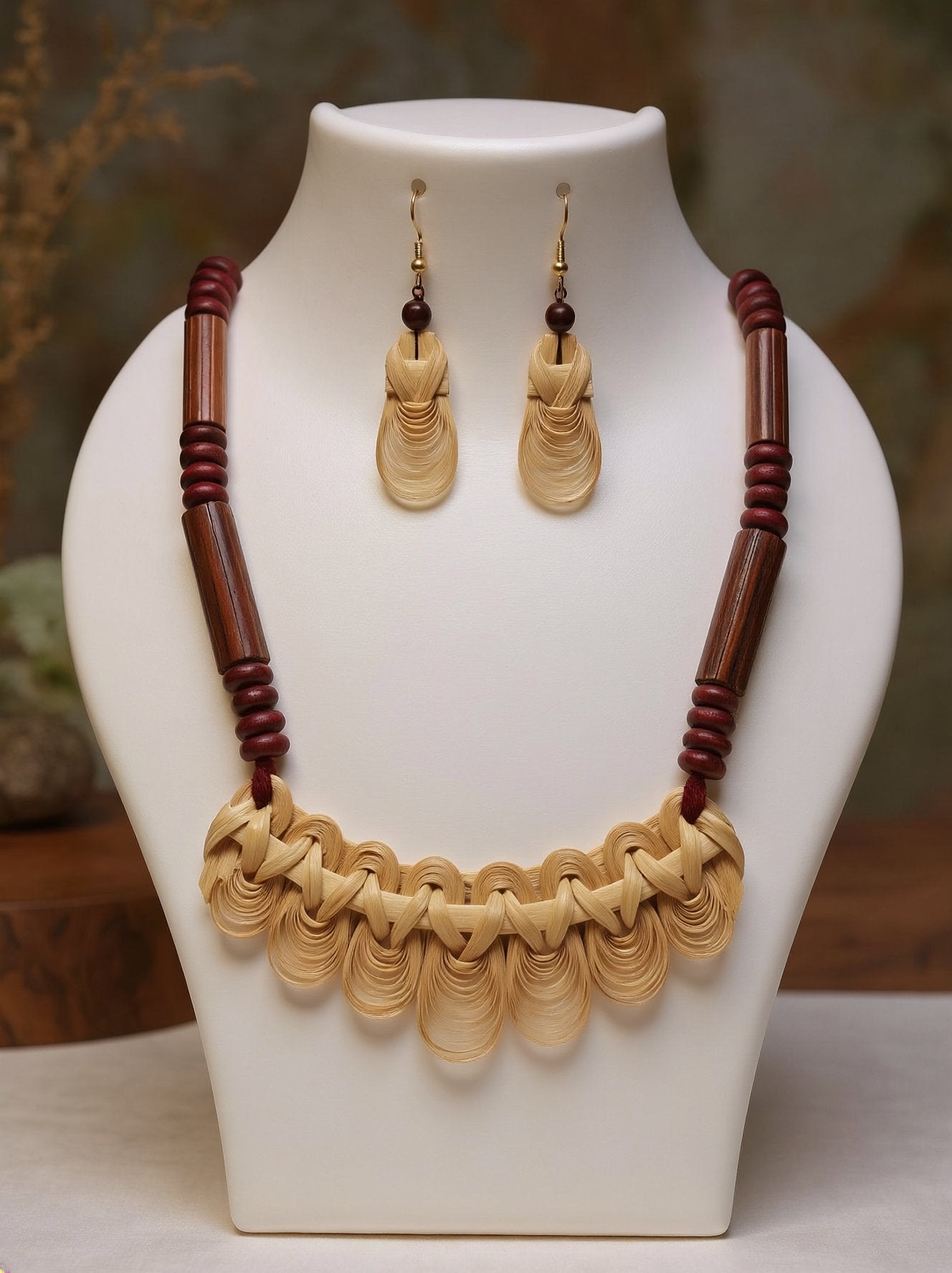 Handwoven cream bamboo bib statement necklace with maroon wooden beads and matching dangler earrings on a white jewellery bust